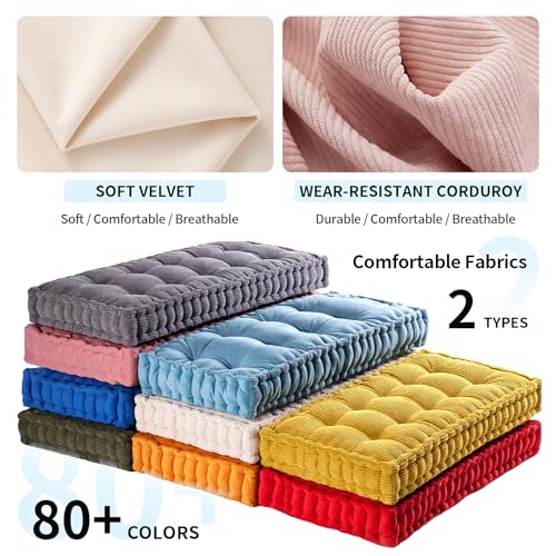 Custom Bench Cushion, Tufted Bench Cushions for Indoor Furniture, Window Seat Cushions Indoor, Velvet Bay Window Cushion, French Floor Cushions with Handle, 4 Inch Thick, 30+ Colors
