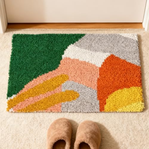 ORIGACH Abstract Color Blocks Latch Hook Rug Kit for Adults Printed Rug Making Kit Handmade Carpet Tapestry Cover with Hook Latch and Preprinted Canvas, Home Arts Crafts Sofa Decor, 20.5x15inch - style: Abstract Color Blocks
