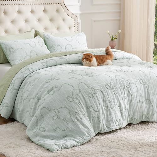 Bedsure Sage Green Comforter Set Queen, GentleSoft™ 3 Pieces Breathable Bow Comforter Set Women Girls with 2 Pillow Shams, Cute Queen Bedding Sets Room Decor Aesthetic Bedroom Decor, 90x90 Inches - color: 01 - Bow Sage Green, size: Queen (90" x 90")
