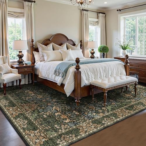8x10 Floral Washable Area Rug for Living Room, Vintage Boho Large Rugs for Bedroom Dining Room, Botanical Birds Non Slip Low Pile Forest Throw Carpet for Farmhouse Office, Retro Gold/Green - color: Gold Green (Larger Pattern), size: 8' x 10' (Rectangular)