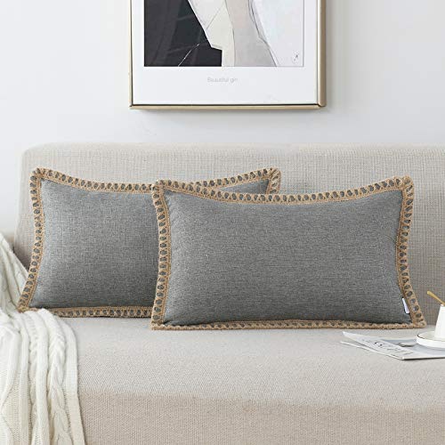 NordECO HOME Set of 2 Throw Pillow Covers - Burlap Linen Trimmed Tailored Edges Decorative Cushion Covers for Bed Home Decoration, 12 x 20, Grey - color: Grey, size: 20" x 12" (Pack of 2)