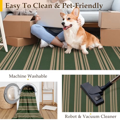 PureCozy Striped Easy Jute Rug 5x7 Green Living Room Carpet Washable Non Slip Bedroom Office Rug Farmhouse Neutral Non Shedding Indoor Outdoor Large Carpet for Kitchen Dining Room - color: Green/Striped, size: 5' x 7' (Rectangular)