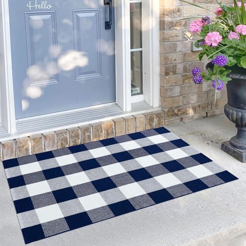 KILOCOCO Buffalo Plaid Checkered Rug 27.5x43 Inches Front Door Mat Outdoor Blue and White Rug Cotton Washable Front Porch Rugs Layered Doormats for Patio Farmhouse Entryway Kitchen Foyer - color: Blue and White, size: 2'4" x 3'7" (Rectangular)