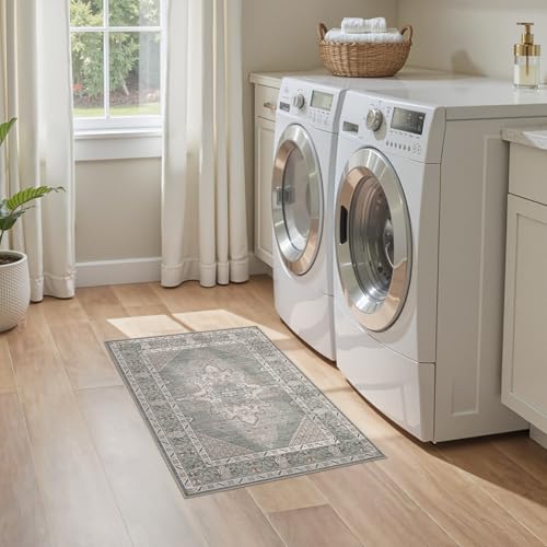 Tortania Area Rug 2x3 Doormat - Washable Vintage Oriental Farmhouse Soft Thin Indoor Carpet for Living Room Bedroom Hallway Entryway Kitchen - Green Gray - color: Green Gray, size: 2' x 3' (Rectangular)