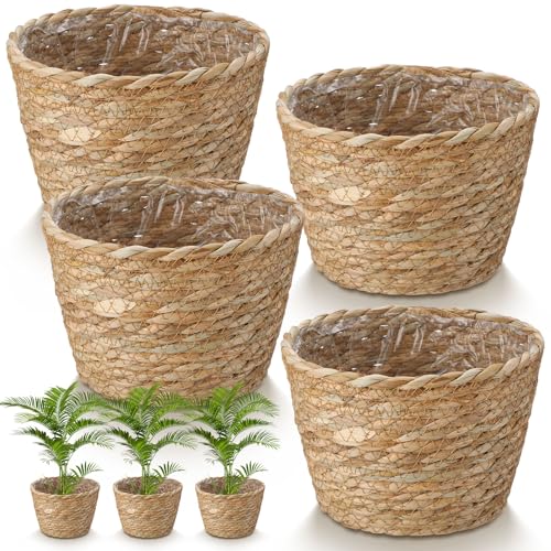 4 Pcs Straw Plant Baskets Indoor Rattan Woven Flower Baskets with Plastic Liner, Cattail Plant Planter for Indoor Outdoor Rustic Boho Home Farmhouse Floor Potted Pots Decor - color: Natural, size: M(7" Top D X 5.1" Bottom D X 5.1"h), style: Cattail