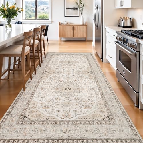 HILORUUG Washable Oriental 4x8 Rug: Indoor Non Slip Area Rugs for Kitchen Hallway Entry - Ultra Thin Low Pile Stain Resistant Front Door Mat - Home Decor for Vintage Style Lover - 4x8 Ivory - color: Ivory, size: 4' x 8' (Rectangular)
