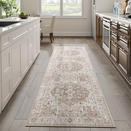 jinchan Runner Rug 2x10 Washable Hallway Rug Vintage Traditional Floor Cover Thin Taupe Multi Distressed Floral Indoor Mat for Kitchen Bathroom Bedroom Living Room - color: Medallion Taupe Multi, size: 2' x 10' (Runner)