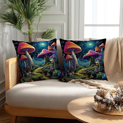Firmiso Mushroom Throw Pillow Covers 18x18 Set of 2｜Fantasy Forest Decorative Cushion Covers for Couch Sofa Bed｜Boho Cottagecore Fungi Pillow Cases｜Whimsical Woodland Home Decor - color: Boho Mushroom