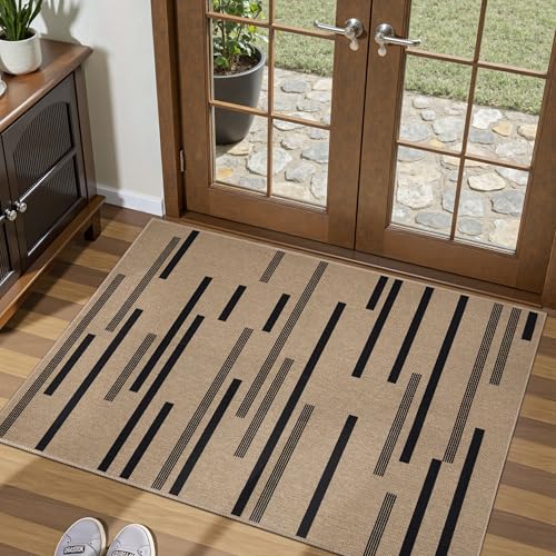 Tangsoo Stripe Easy Jute Rug,Ultra Thin 2x3 Outdoor Rug for Entryway,Non-Slip Washable Small Rug Modern Front Door Mat Non Shedding Throw Carpet for Kitchen Bedroom Porch Doorway - color: Black Stripe-2, size: 2x3ft