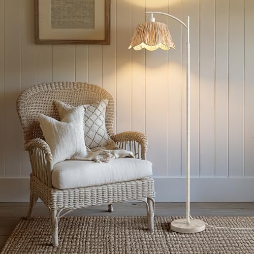 Oneach Rattan Floor Lamp for Living Room with 3 Color Temperatures, Boho Floor Lamp for Bedroom with Remote & Dimmable Bulb, Farmhouse Standing Lamp for Reading, Antique White - color: White