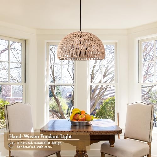 17.6 inch Hemp Rope Woven Pendant Light Wicker Pendant Light 3-light Rattan Light Fixture Boho Chandelier Farmhouse Chandelier Dome Pendants Light for Dining Room Bedroom Kitchen(Bulb Incl - color: 17.6" Natural