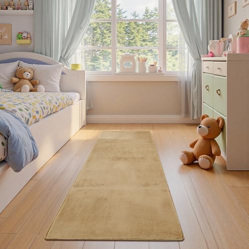jinchan Solid Plush Runner Rug 2x6 Performance Shaggy Washable Hallway Rug Soft Modern Faux Wool Cozy Non Slip Carpet for Bedroom Laundry Room Living Room Kids Nursery Tan - color: Solid Tan, size: 2' x 6' (Runner)