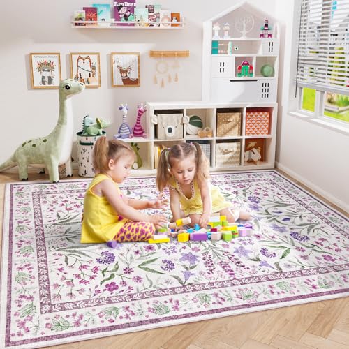 Amearea Floral Area Rugs for Living Room, 5x7 Feet Purple Rugs for Bedroom Girls, Cute Kids Room Print Carpet Vintage Low Pile Machine Washable Area Rug, Office Nursery Dining Room Farmhouse Decor - color: Purple, size: 5x7 Feet