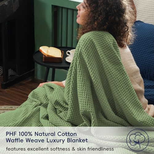 PHF Pre-Washed 100% Cotton Waffle Weave Throw Blanket for Couch, Lightweight Breathable Bed Blanket for Spring Summer, Snag Proof Machine Washable, Home Decor Gift - Loden Green - color: Loden Green, size: Throw(50" x 60")