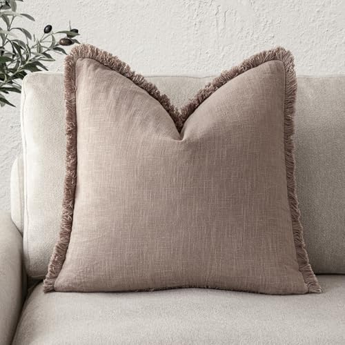 Foindtower Decorative Linen Fringe Throw Pillow Covers Cozy Boho Farmhouse Cushion Cover with Tassels Soft Accent Pillowcase for Chair Sofa Bed Living Room Home Decor, 16×16 Inch,1PC,Dusty Pink - color: Rose Dust, size: 16" x 16" (Pack of 1)