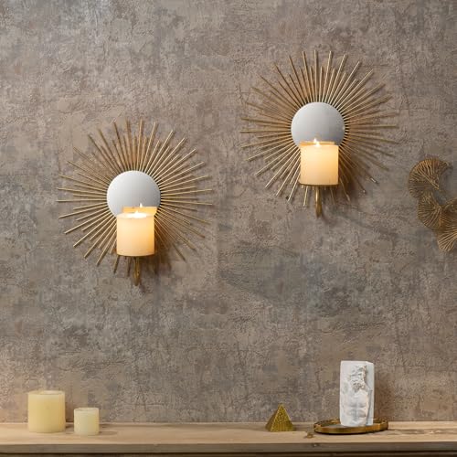 AIM & GGKK Wall Candle Sconce Holder,Set of 2 Mirror Wall Mounted Metal Candle Holder for Home,Living Room, Dining Room,Rustic Farmhouse Boho Decorations - color: Gold Sun