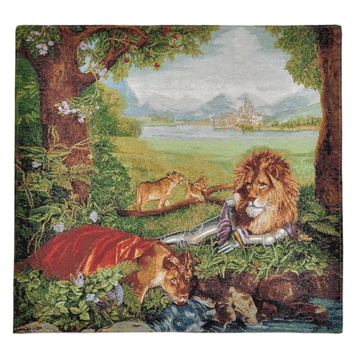AureoMadis Medieval Tapestry Wall Hanging | Lined Woven Jacquard Forest Lion & Knight Art with Rod Pocket | Vintage Gothic Decor for Living Room - 28.5" x 27" - color: Earthy：Fantasy Lion