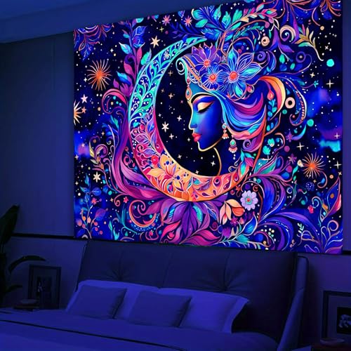 Simpkeely Blacklight Moon and Star Tapestry, Elegant Goddess UV Reactive Sun Mandala Wall Hanging Tapestries, Colorful Boho Aesthetic Tapestry for Bedroom, Living Room - 59.1" x 80" - color: Goddess, size: 80"L x 59.1"W