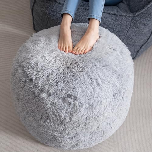 HIGOGOGO Round Stuffed Pouf Ottoman, Long Faux Fur Poufs with Foam Chunk Filling, Fluffy and Furry Pouf Foot Stool Storage Ottoman, 26 X 18 Floor Poufs Foot Rest for Living Room, Light Grey - color: Grey, size: 26INCH