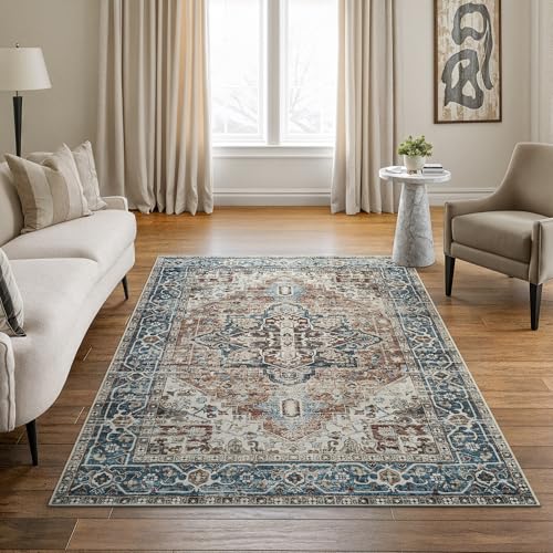 Bloom Rugs Caria Washable Non-Slip 4x6 Rug - Terracotta/Blue Traditional Area Rug for Living Room, Bedroom, Dining Room, and Kitchen - Exact Size: 4' x 6' - color: Terracotta / Blue, size: 4' x 6' (Rectangular)
