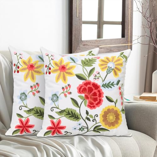 Pack of 2 Embroidered Decorative Throw Pillow Cover 18x18 Inch Farmhouse Floral Pillowcase for Living Room Sofa Bed (Boho Flower) - color: Boho Flower