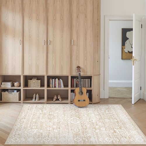 Soalmost 3x5 Area Rugs for Entryway,Washable Vintage Low Pile Non-Slip Throw Area Rugs, Accent Rug Floral Print Indoor Mat for Bedside Living Room Kitchen Bedroom Beige - color: Beige, size: 3' x 5' (Rectangular)