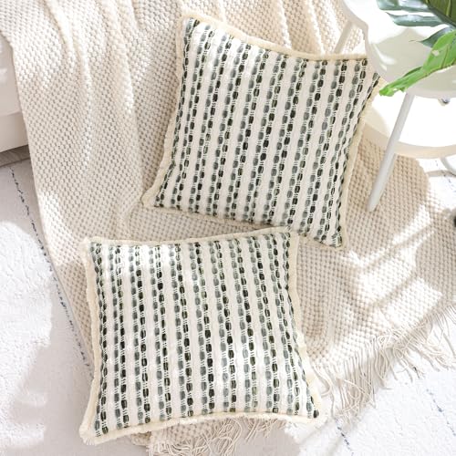 LUOYEHK Chenille Striped Throw Pillow Covers 18x18 Inch Set of 2 Boho Decorative Pillowcases with Fringe Farmhouse Neutral Dark Green Cushion Covers for Couch Sofa Bed Living Room - color: Green Gray, size: 18" x 18" (Pack of 2)