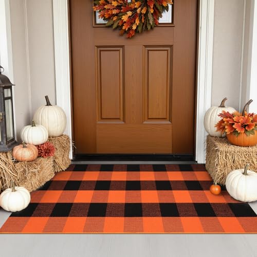 KIMODE Buffalo Plaid Fall Outdoor Rug 27.5"x43",Washable Halloween Door Mat,Reversible Front Porch Rug,Checkered Layering Rug for Entryway,Halloween Front Porch Decor,Orange and Black - color: Orange/Black, size: 2'4" x 3'7" (Rectangular)