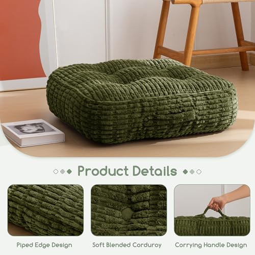 HIGOGOGO 6" Floor Pillow Cushion for Adults, Meditation Cushion Pillow, Blended Corduroy Cover, Large Square Floor Sitting for Tatami Living Room or Yoga, 2Pack, Dark Green - color: Square Dark Green, size: 6" Thick(Pack of 2)