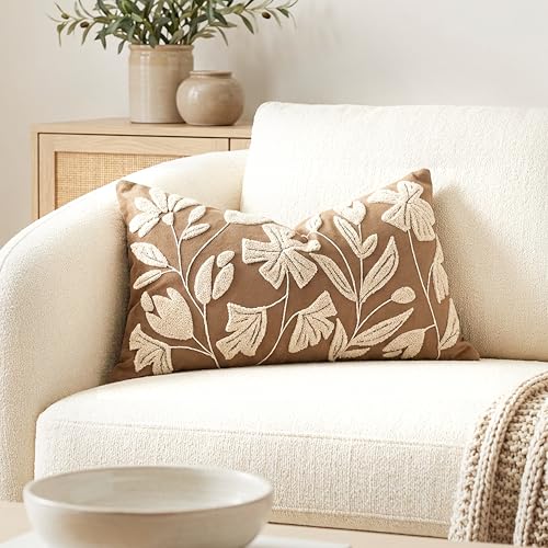 BlissBlush 12x20 Lumbar Pillow Cover, Rectangular Brown Decorative Throw Pillowcase for Couch Sofa, Embroidered Velvet Farmhouse Accent Cushion (Cover Only) - color: Warm Brown, size: 20" x 12" (Pack of 1)