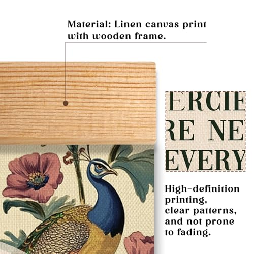 Vintage Christian Poster Wall Art Decor, Inspirational Christian Bible Verse - His Mercies Are New Every Morning Boho Wall Art Framed Decor,Peacocks and Floral Canvas Poster for Bedroom Living Room Office 14x18.5inch - color: Green- His Mercies