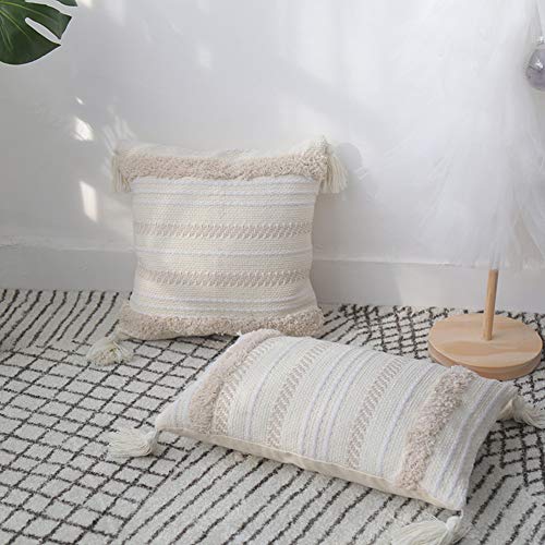 LEVINIS Hand Woven Tribal Tufted Pillow Case with Tassels 20 x 20 Inch, Boho Decorative Throw Pillow Covers for Farmhouse,Party,Car,Office, Cream White - color: Cream White, size: 20" x 20" (Pack of 1)