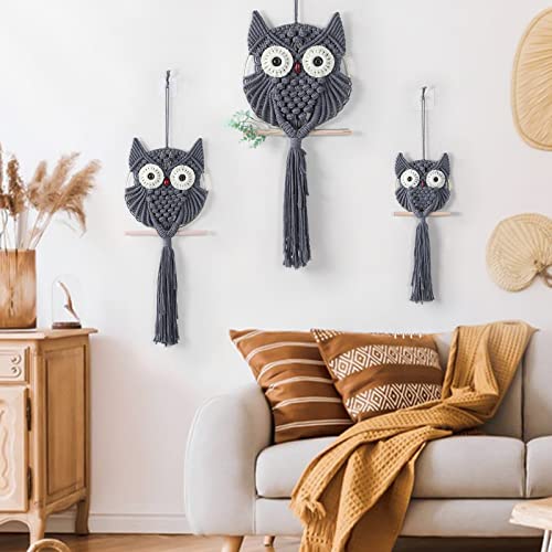 MVSUTA Owl Grey Cotton Handmade Macrame Wall Hanging Tapestry Home Decor Art and Gray Craft Wonderful Decoration Woven Boho Ornament for Office Bedroom Apartment Nursery Gallery,3pcs set:1pc L & 1pc M - color: Grey, size: 3pcs set:1pc L & 1pc M & 1pc S