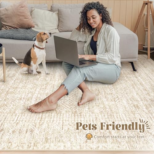 6x9 Area Rugs for Living Room: Washable Moroccan Geometric Boho Rug Farmhouse Non Slip Stain Resistant Large Rug Low Pile Soft Carpet for Bedroom Dining Room Home Office Children Room (Beige,6'x9') - color: Beige, size: 6' x 9' (Rectangular)