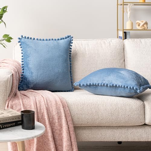 PAVILIA Dusty Blue Throw Pillow Covers with Pom Pom 18x18 Set of 2, Decorative Pillow Cases for Bedroom Aesthetic, Small Throw Pillows Set for Bed, Velvet Euro Plush Cushion Covers for Sofa Couch - color: Dusty Blue, size: 18" x 18" (Pack of 2)