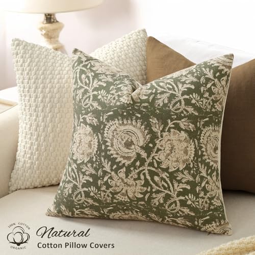 Vintage Floral Print Throw Pillow Covers 24x24 Set of 2 Neutral Modern Farmhouse Pillowcases Accent Decorative Cushion Covers Boho Home Decor for Couch Sofa Chair Bed Living Room, Olive Green - color: Olive Green, size: 24" x 24" (Pack of 2)