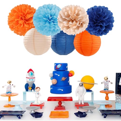 Navy-Blue Orange Champagne Party-Decorations Paper-Flowers - 15pcs Fall Birthday Baby Bridal Shower Tissue Pom Poms Lanterns Streamers Honeycomb, Wedding Bachelorette Hanging Supplies Decor Hugfond - color: Navy Orange Pink