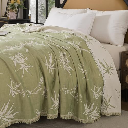 Lemfux 4-Layer 100% Cotton Muslin Cooling Blanket, Boho Floral Gauze Throw with Fringe, Ultra Soft Breathable Lightweight Bedspread Coverlet for Bed Sofa Couch - color: Green Leaves, size: 60"x80"