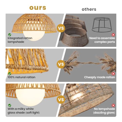 2 Pack Rattan Pendant Light, 11.8" Hand Woven Boho Pendant Light Fixture with Milk Glass Globe, Gold Kitchen Island light Fixtures Adjustable Chandelier for Dining Room Hallway Foyer Restaurant - color: Gold-2 Pack