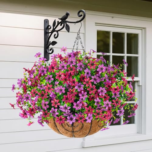 ZFProcess Artificial Flowers Hanging Baskets, 12 Bundles Faux Flowers Outdoor Hanging Basket Spring Summer Decoration, Fake Flower Plants for Porch Patio Balcony Home Yard Decor(Light Purple Red) - color: Light Purple Red