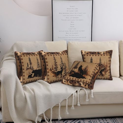 Deer Wolf Throw Pillow Covers 18 X 18 Inch Set of 4 Decorative Cushion Cover Home Decor for Sofa Chair Couch Bedroom Living Room - color: Deer Wolf
