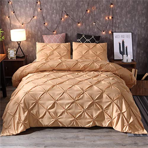 Feelyou Pinch Pleated Comforter Cover Set Queen Pintuck Bedding Set Soft Pintuck Tufted Duvet Cover with 2 Pillow Shams Luxury Microfiber Quilt Cover Solid Champagne Breathable Zipper 3 Pieces - color: Champagne, size: Queen