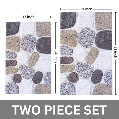 Ramanta Home Pure Cotton Pebble Stone Bath Rug Set of 2 - Light Grey, Super Soft Anti Skid Absorbent Bath Rug for Bathroom, Kitchen, Shower, Bath Tub, Machine Washable - 21x32 & 17x24 Inch - color: Light Grey, size: 21" x 32" & 17" x 24" (Set of 2)