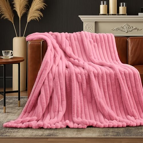Amélie Home Faux Fur Throw Blanket for Couch, Cozy Fuzzy Fluffy Fur Luxurious Soft Striped Plush Gift Blankets for Family Sofa Chair Bedroom, 55"x70", Pink - color: Striped Hot Pink, size: Throw(55"x70")