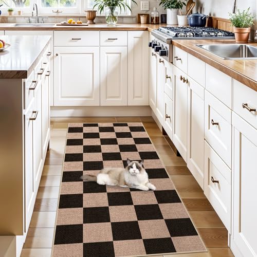 Easy Jute 2x5 Runner Rug: Non Slip Checkered Low Pile Indoor Doormat - Machine Washable for Entryway Kitchen Bathroom - Carpet for Dorms Small Spaces Ideal for Young Families First Home (Black,2x5) - color: Black, size: 2' x 5' (Rectangular)