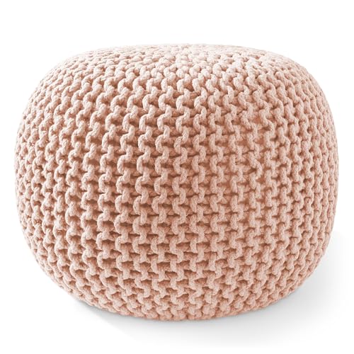 Casafield Round Pouf Ottoman, Light Pink - 20" Diameter x 14.5" High Cotton Knit Foot Stool - Boho Floor Pouffe for Living Room, Bedroom, Home Office - color: Light Pink, size: 20"D x 20"W x 14.5"H