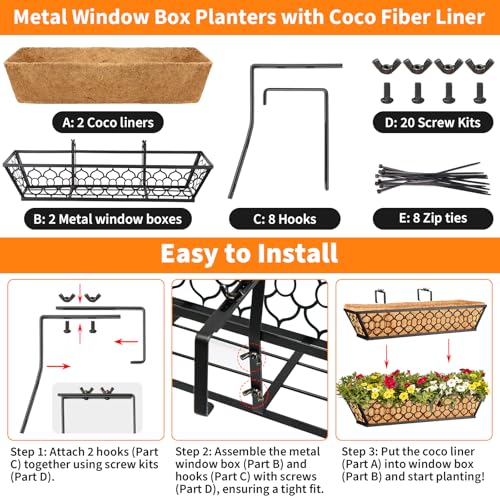 Riare 2 Pack 16 Inch Window Boxes Planters with Coco Liner, Metal Deck Railing Planter Boxes, Balcony Planters Railing Hanging, Horse Trough Window Flower Planter Boxes for Outdoor Porch Fence Patio - size: 16Inch