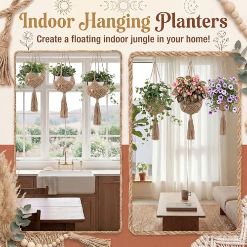 Sliner 3 Pack Jute Crochet Plant Hanging Baskets with Lights and Hooks Macrame Plant Hangers Boho Hanging Baskets for Indoor and Outdoor Home Decor, 3 Different Size