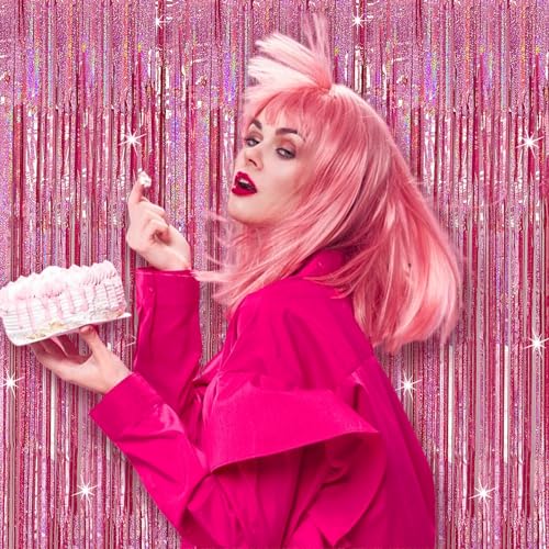 3 Pack Pink Backdrop Party Decorations Tinsel Curtain Party Backdrop Foil Fringe Birthday Decorations Photo Booth Streamer Backdrop Pink Theme Bachelorette Valentines Party Decorations - color: Light Pink