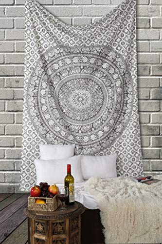 RAJRANG Elephant Mandala Tapestry Cotton Wall Hanging Hippy Tapestries Hippie Beach Throw College Dorm Decor Bohemian Boho Bedsheet - Grey - 84x54 Inches - color: Pebble grey, size: 84"L x 54"W